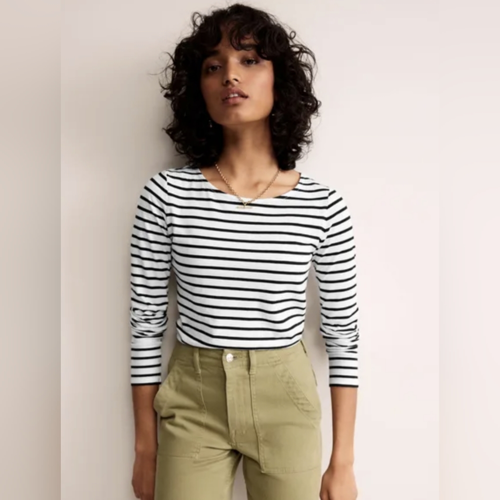 EUC Boden Ella Long Sleeve Breton Striped Shirt in Black and Ivory